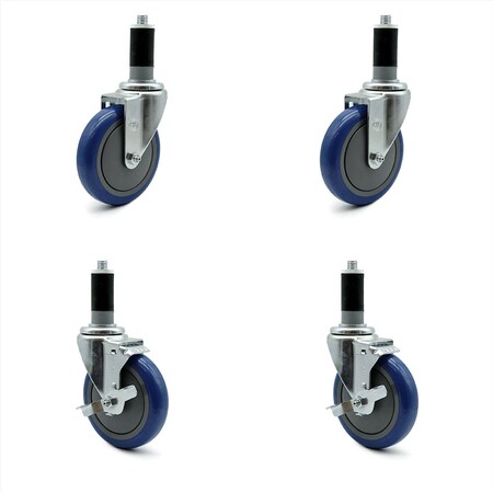 5 Inch Blue Polyurethane Swivel 1-1/4 Inch Expanding Stem Caster Brake SCC, 2PK